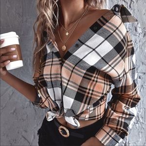 Boho Plaid Front Tie Button Down Long Sleeve Top